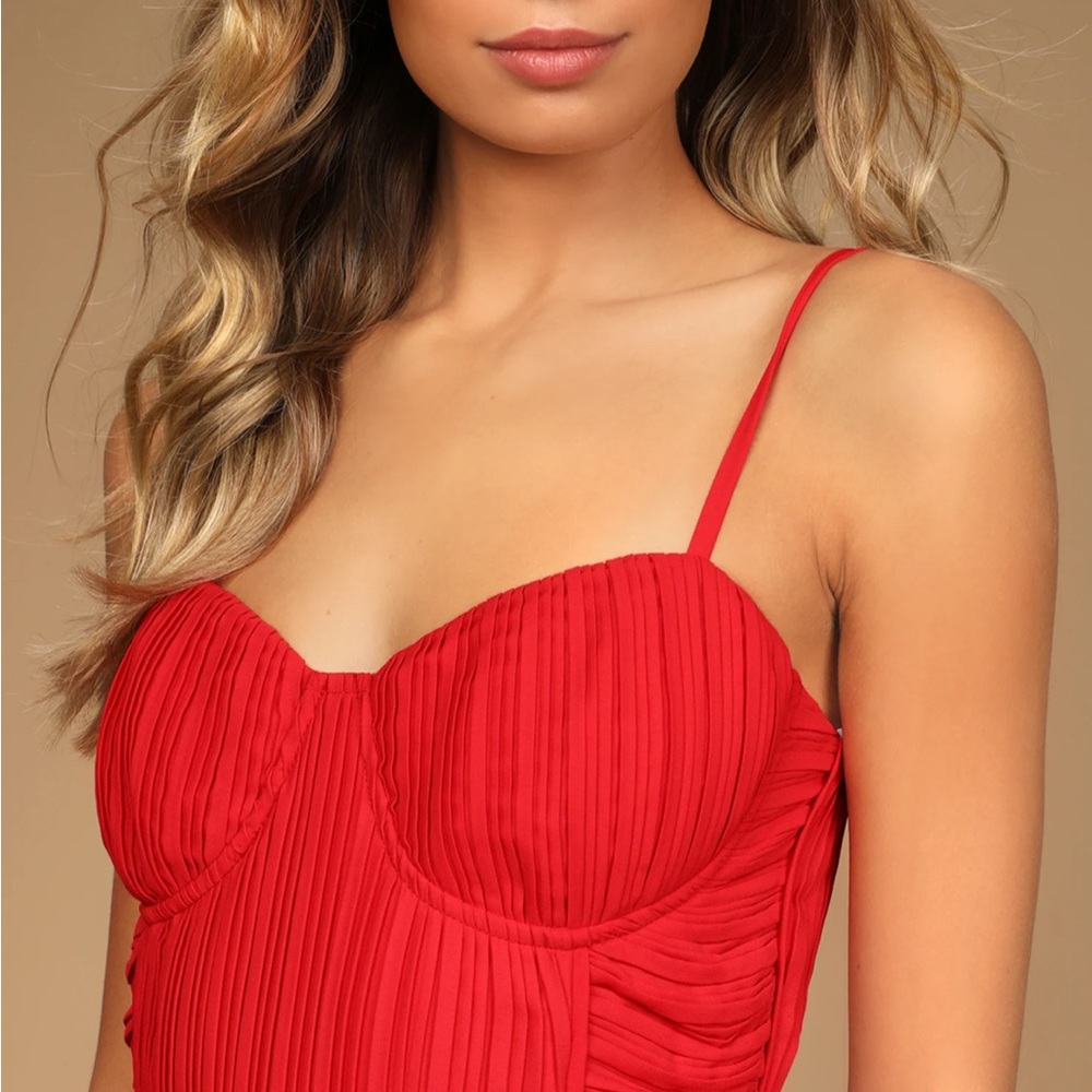 Spaghetti Strap Red Tiered Bustier Midi Dress